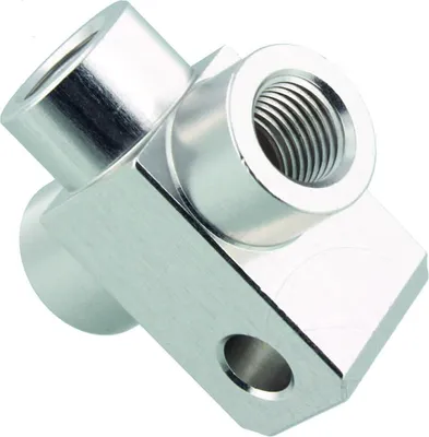 Imagen del producto de Distribuidor de tubo de freno de 3 vías, modelo 833, con rosca 3/8 UNF, color plateado