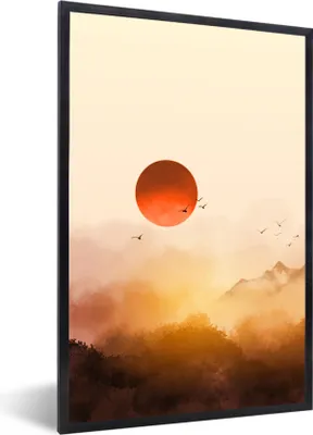 Produktbild von MuchoWow® Gerahmtes Poster Malerei - Sonne - Landschaft - Vögel 40x60 cm - Poster mit Schwarzem Bilderrahmen Wandposter Rahmen Foto Bilder - Papierdruck - Wandbilder