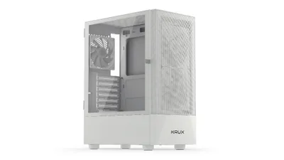 Productafbeelding van KRUX ATX Gaming-behuizing, Vako White RGB, geschikt voor ATX en mATX moederborden, met 3x ARGB-ventilatoren, en ruimte voor CPU-koelers tot 159 mm