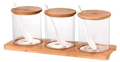 Produktbild von Gewürzbehälter-Set aus Keramik mit Löffeln und Tablett, 400 ml, 3 Stück