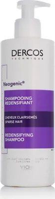 A white bottle of Vichy Dercos Neogenic Redensifying Shampoo with purple accents and text.