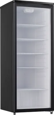 A black glass door refrigerator with multiple shelves.