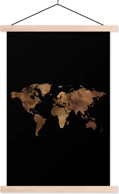 Produktbild von MuchoWow® Textilposter Weltkarte - Gold - Schwarz 60x90 cm mit holzfarbenen Rahmen - Textil
