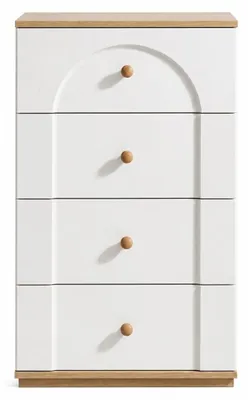 Image de Commode moderne blanche avec un design élégant et arrondi, agrémentée de détails en bois