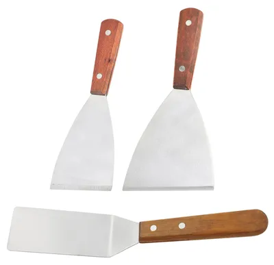 Produktbild von Kochspatel aus Edelstahl mit Holzgriff – Teppanyaki-Spatel, Kochspatel und Schaber, flacher Spatel für die Zubereitung von Speisen im Freien, 3er-Set
