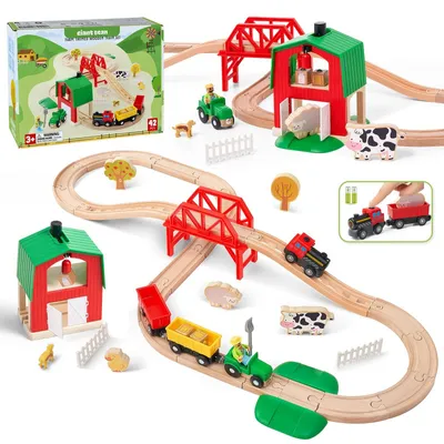 Image de Train jouet sur le thème de la ferme - Rails en bois - 42 pièces - Train jouet - Jeu de rôle créatif - Sûr et robuste - Train jouet