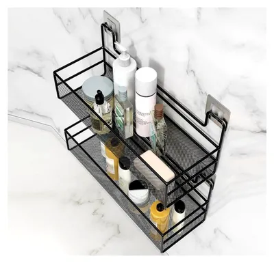 Produktbild von Wandmontierter Aufbewahrungskorb für das Badezimmer ohne Bohren, Metall Schwarz für Badewannen und Shampoo
