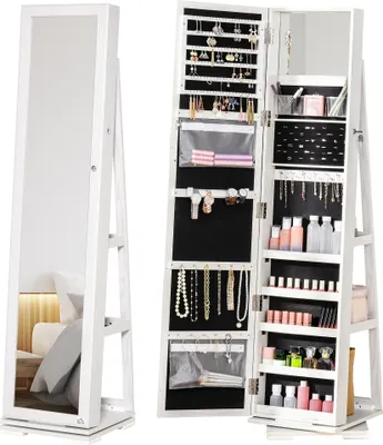 Image de HOMCOM Armoire à Bijoux pivotante verrouillable boîte à bijoux avec Miroir - Armoire Bijoux Multi-Rangement - en Bois Blanc