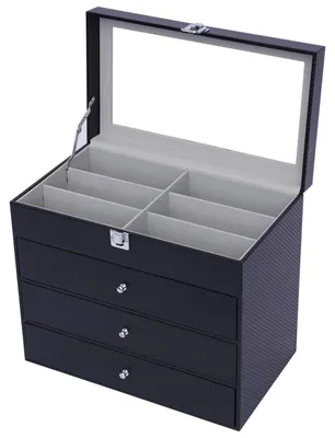 Obrázek produktu pro Úložná krabička na brýle – multifunkční organizér – 4 patra, 24 přihrádek – skleněné víko –Polyuretankůže – na sluneční brýle, hodinky, šperky – černá
