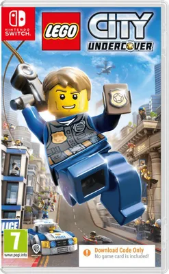 A Lego character in a police uniform is jumping in a city setting.