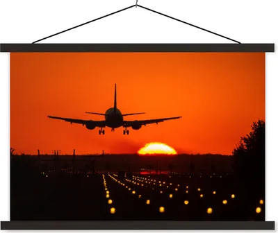 Produktbild von MuchoWow® Textilposter Sonnenuntergang - Flugzeug - Orange - Sonne 150x100 cm mit schwarzem Rahmen - Schlafzimmer