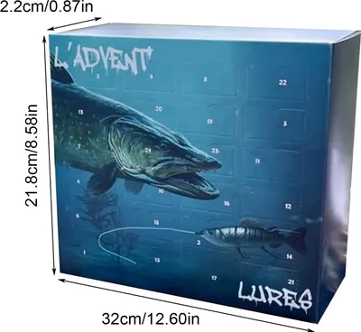 A blue box with images of fish and fishing lures, with numbered squares indicating an advent calendar.