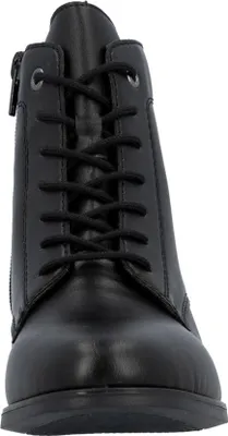 A close-up, front-facing view of a black lace-up boot against a white background.