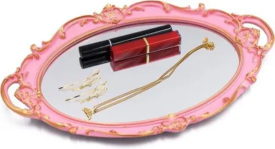Image de Miroir ovale décoratif avec rangement, 36,8 x 25,4 cm, rose, bois