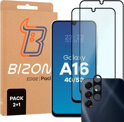 Produktbild von 2x Gehärtetes Glas + Kameraschutz für Galaxy A16 4G / 5G, Bizon Glass Edge 2 Pack, Schwarz