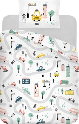 A flat lay of a children's duvet cover and pillowcase set with a city map and vehicle pattern.