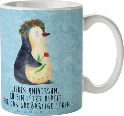 Produktbild von Mr. & Mrs. Panda Tasse Pinguin Blumen - Eisblau - Geschenk, Kaffeetasse, Pinguine, Motivation, Becher, Lebenslust, Pott, Positiv, Teetasse, haferl