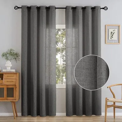 Produktbild von Unyqoos® Leinenoptik Voile-Vorhänge mit Ösen – halbtransparente Gardinen, Grau, 2er-Set, H 245 x B 140 cm, 90% Polyester/10% Leinen, für Wohn-/Schlafzimmer