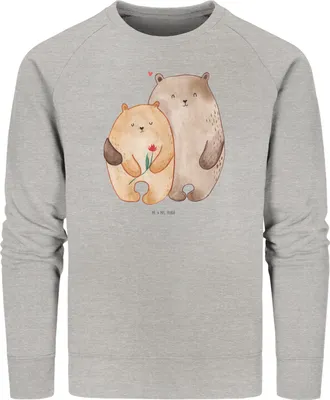 Produktbild von Mr. & Mrs. Panda Organic Pullover Bären Liebe Größe M - Heather Grey - Geschenk, Freundin, Hochzeitstag, Verknallt, Blume, Pulli, Baumwoll Sweatshirt, Kuscheln, Sweater