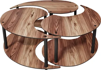 A modern, multi-tiered coffee table with a unique yin-yang inspired design, featuring a wood-grain finish and black metal legs, presented against a plain white background.
