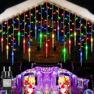 A collage of Christmas lights, showing icicle lights on a roof and a decorated house.