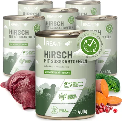 Produktbild von REAVET Premium Hunde Nassfutter - Hirsch an Süßkartoffeln & Preiselbeeren 6 x 400g I mit hohem Fleischanteil & viel Muskelfleisch, Getreidefrei, Hundefutter nass, ohne Zucker