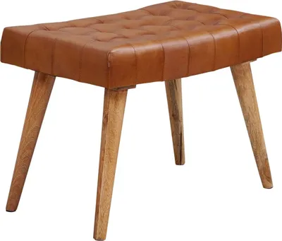Produktbild von Sitzhocker 67x47x39 cm Mango Massivholz / Echtleder Chesterfield-Design, Lederhocker Braun, Beistellhocker Hocker ohne Lehne, Country Fußhocker