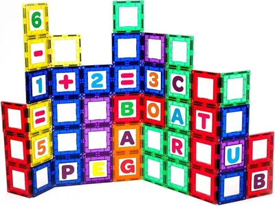 Produktbild von Playmags 80-teiliges magnetisches Baukastenset - Magnetfenster - Buchstaben, Zahlen, ABC