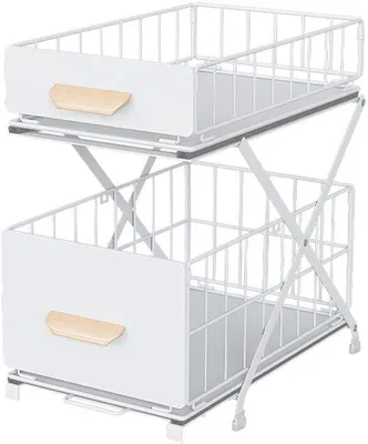 Immagine prodotto di Uniqoos® Scaffale da cucina estraibile a 2 ripiani Acciaio al carbonio, con altezza regolabile (3 livelli), struttura a X rinforzata in metallo, pieghevole, con piedini antiscivolo per spezie e bottiglie