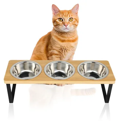 Produktbild von Erhöhte Katzennäpfe 3er Set mit 15° Neigung Holzständer Edelstahl Näpfe für Katzen und kleine Hunde