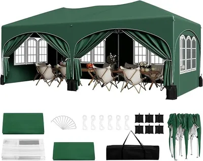 Produktbild von Pavillon mit 6 Seitenteilen 4 Sandsäcke, Faltpavillon 3x6m mit Halbmonddach Tragetasche, Gartenpavillon wasserfest stabil UV-Schutz, Partyzelt Outdoor höhenverstellbar, Grün
