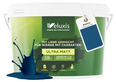 Produktbild von Wandfarbe Blau Petrol Anthrazit Matt Innenfarbe – Deckkraft Klasse 1, VOC-frei, Ohne Grundierung, Tropfarm – Wohnzimmer & Schlafzimmer – 2,5L – Veluxis (Classic Cornflower)