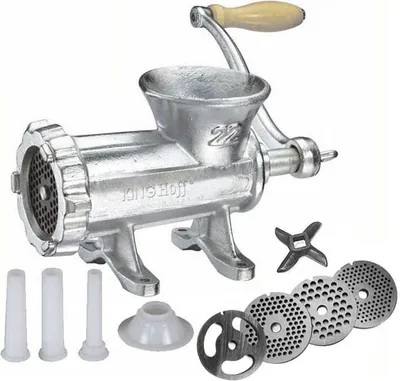 A manual meat grinder with various attachments, displayed on a white background.
