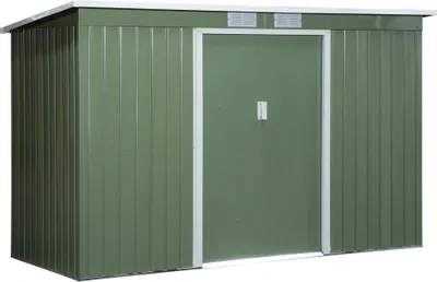 Produktbild von Wetterfester Geräteschuppen Metall 6,3m³ Anthrazit Hellgrün Gartenhaus Schiebetür Pultdach Outdoor Garten Schrank