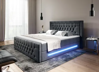 Produktbild von Moebelfest Boxspringbett 180x200 cm mit Blau LED-Beleuchtung: Polsterbett mit 2 Bettkästen, 2 Taschenfederkernmatratzen 7 Zonen, Topper sowie Kopf- und Fußteil (Glasgow in Grau)