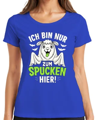 Productafbeelding van Ik ben hier alleen om te spuwen. Halloween lama, spreuk. Dames T-shirt, blauw, maat M