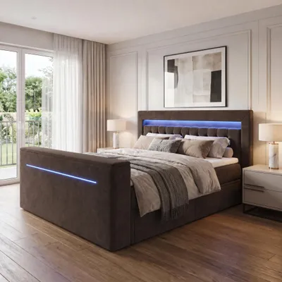 Produktbild von ELVORA DESIGNE Boxspringbett 180x200 cm VISION mit Bonellmatratze H3 & Topper, 2 Schubladen, Dunkelbraun, KI-generiertes Bild