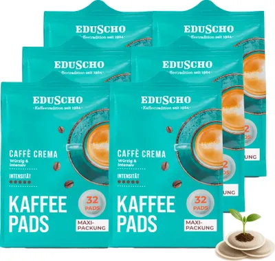 Produktbild von Eduscho Kaffeepads Vorratspack Maxi Packung, Caffè Crema, 192 Pads – 6 x 32 Pads, würzig, intensiv, für alle Pad Maschinen, industriell kompostierbar