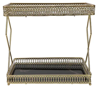 Image de Étagère de rangement pour plan de travail de salle de bain, en métal et verre, gain de place, organisateur à 2 niveaux pour cosmétiques et parfums, de couleur noire avec motifs dorés