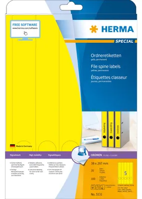 Zdjęcie produktu dla HERMA 5131, Żółty, Samoprzylepne etykiety do drukowania, A4, Papier, Laser/Atrament, Na stałe