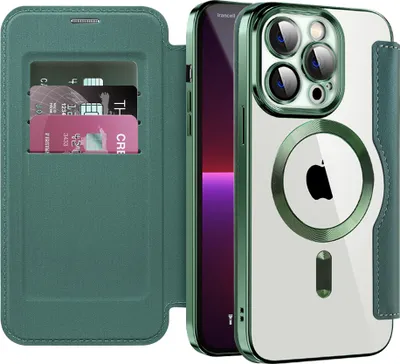 Image de Étui compatible MagSafe pour iPhone 13 Pro, étui transparent avec porte-cartes, étui en cuir avec protecteur d'appareil photo vert