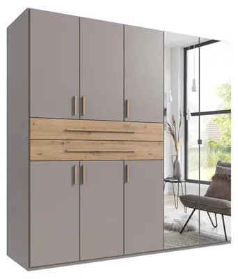 Produktbild von Drehtürenschrank Kleiderschrank 225 cm Sandgrau Spiegel Schubkästen Eiche Artisan / 22635