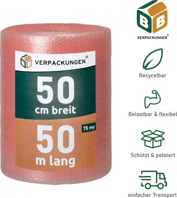 Produktbild von 3 x Luftpolsterfolie (0,5 x 50 m) 3-lagig 75 my Antistatisch Schutzfolie Noppen Versandfolie Polster Verpacken Knallfolie Transport BB-Verpackungen