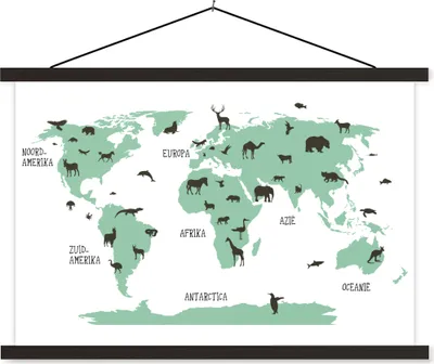 Produktbild von MuchoWow® Textilposter Weltkarte - Kinder - Tiere - Grün - Junge - Mädchen 60x40 cm mit schwarzem Rahmen - Hölzernes