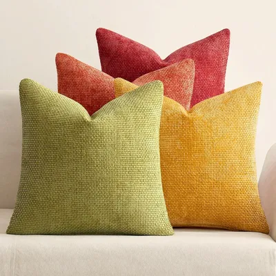 Produktbild von 4er-Set Kissenbezüge, 40 x 40 cm, Chenille, orange-grün, Sofakissen, Dekokissen, weiche Sofakissen, dekorative Kissenbezüge für Wohnzimmer, Schlafzimmer, Kinderzimmer, Büro