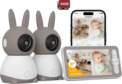 Produktbild von 2K-Babyphone mit 2 Kameras PTZ 355°, 5-Zoll-Babyphone mit automatischer Verfolgung, Schreierkennung, Zwei-Wege-Sprache, 64GB