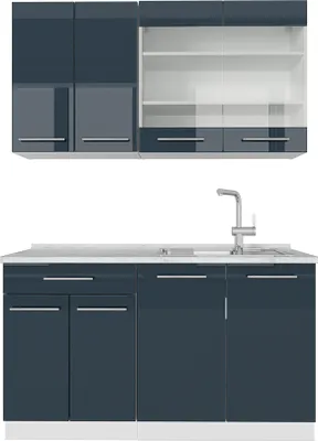 Produktbild von Singleküche Vicco Fame-Line Dunkelblau Hochglanz/Weiß 140 cm , AP Marmor, Model 49013
