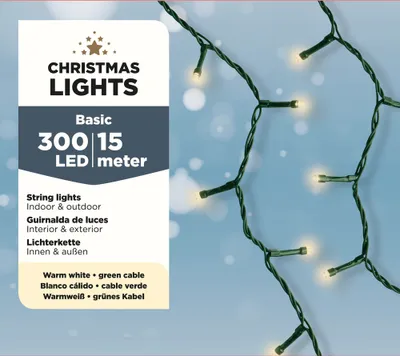 A close-up of green string lights with warm white LEDs against a blurred blue and white background, with a product information panel on the left.
