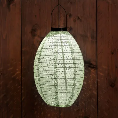Immagine prodotto di Lanterna LED solare in tessuto, ovale, verde chiaro - 32 cm - Illuminazione decorativa da giardino, luce bianca calda