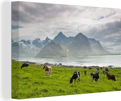 Produktbild von OneMillionCanvasses® - Leinwandbilder - 150x100 cm, Kuh - Berg - Meer, Wandbilder Kunstdruck Wanddekoration